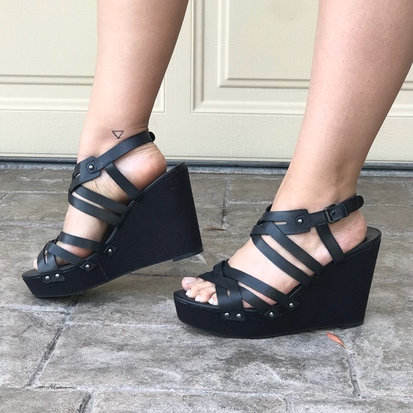 Black Studded Strappy Platform Wedge Sandal - Picture 4 of 6